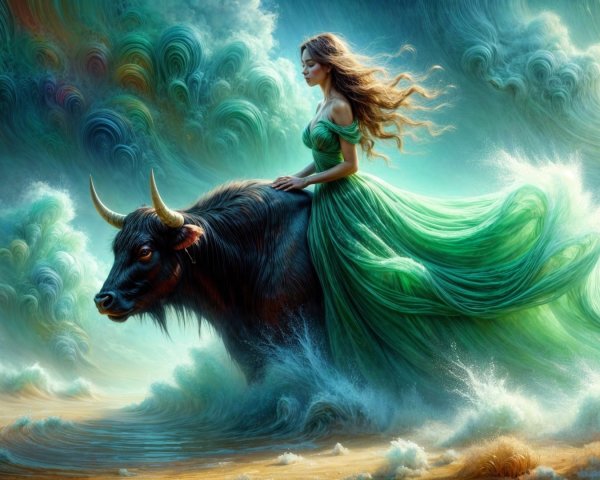 Surreal Scene of Woman in Green Gown on Bull