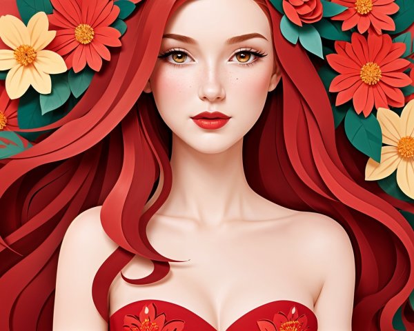 Woman with Red Hair Surrounded by Vibrant Flowers