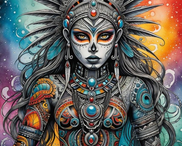Artistic Portrait of Woman with Tribal Patterns and Colors
