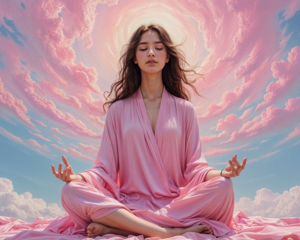 Serene Woman in Meditative Pose with Vibrant Sky