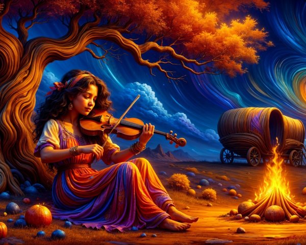 Young Girl Playing Violin Under Majestic Tree