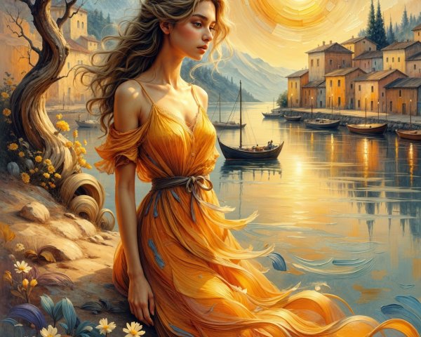 Serene Lakeside Scene with Village and Young Woman