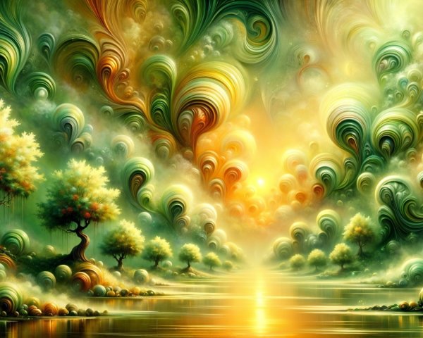 Vibrant Dreamlike Landscape with Reflective Water
