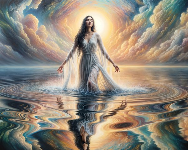 Ethereal Figure in Shimmering Water and Vibrant Clouds
