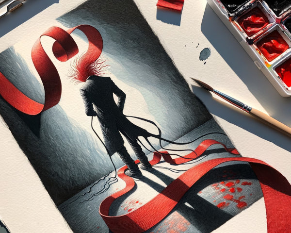 Artwork of a figure with red ribbons in dark setting