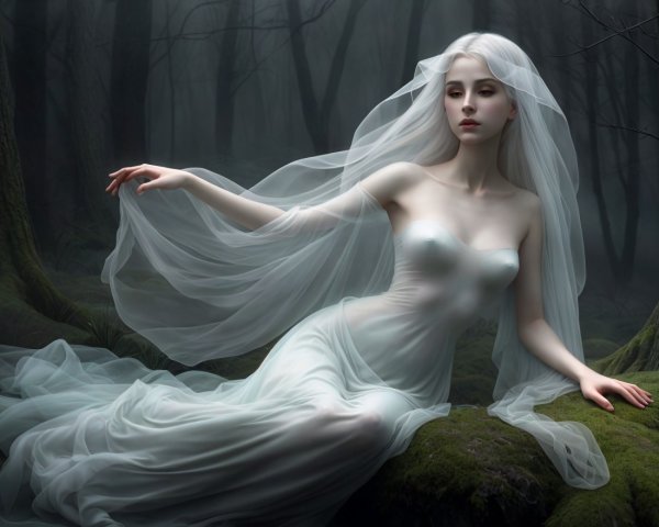 Ethereal figure in enchanted forest setting