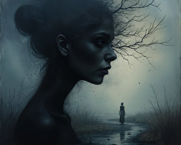 Surreal Scene of Woman and Tree in Misty Landscape