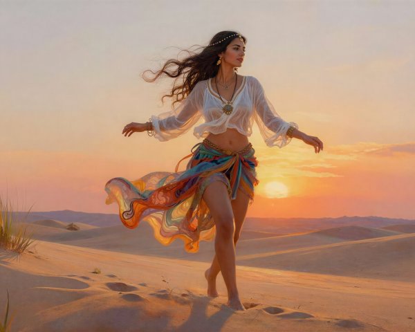Elegant Woman in Vibrant Skirt on Desert Dunes at Sunset