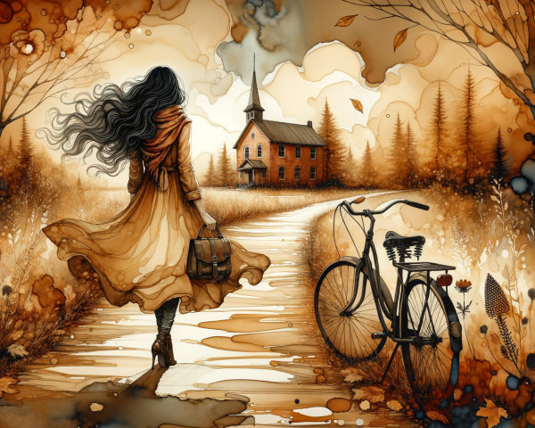 Autumn Scene with Woman in Golden Dress and Bicycle