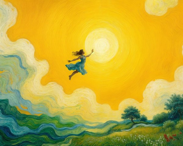 Girl in Blue Dress Leaps in Vibrant Landscape Scene