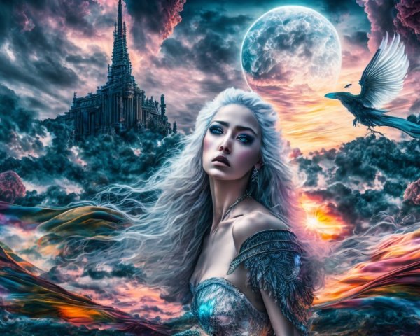 Luminous Woman in Armor Against Dramatic Fantasy Sky