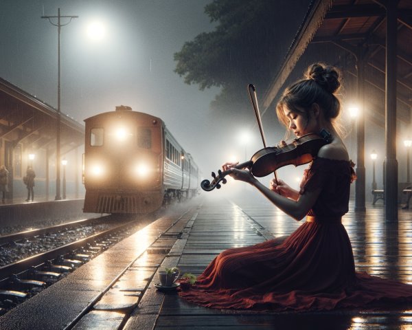 Girl in red dress plays violin on rainy train platform