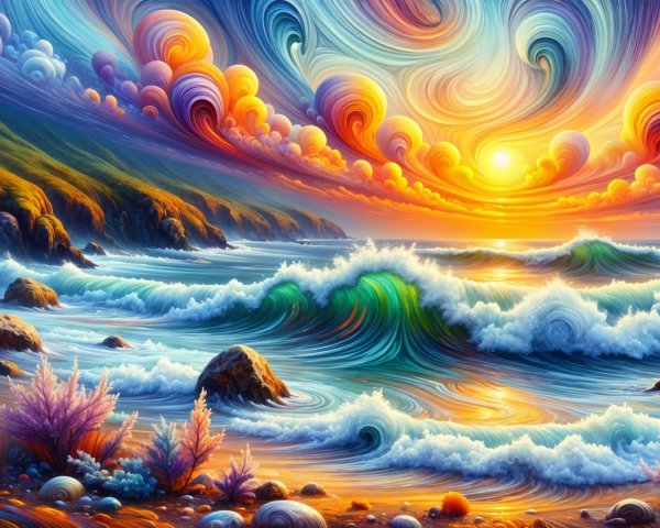Vibrant Coastal Sunset with Swirling Clouds and Waves