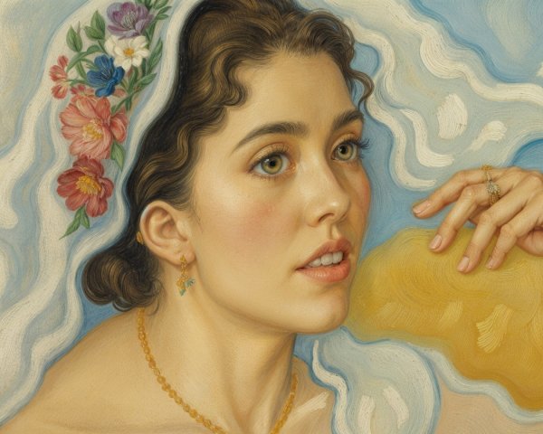 Portrait of a young woman with floral headscarf and jewelry