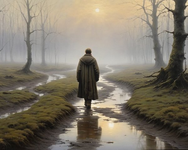 Lone Figure on Winding Path in Misty Landscape