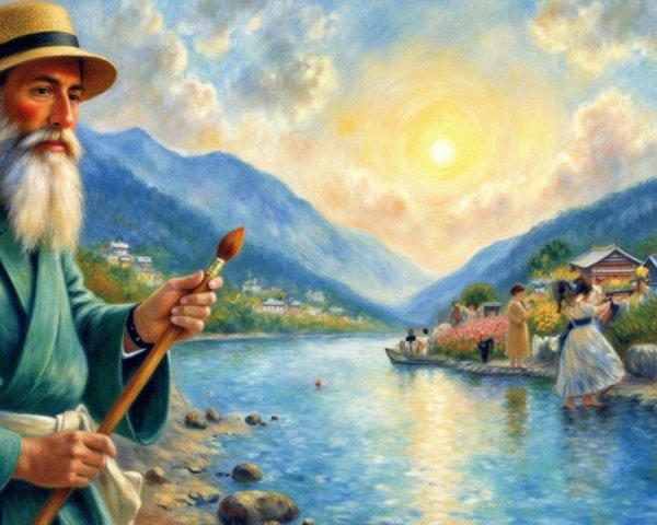 Serene Riverside Landscape at Sunset with Leisure Activities