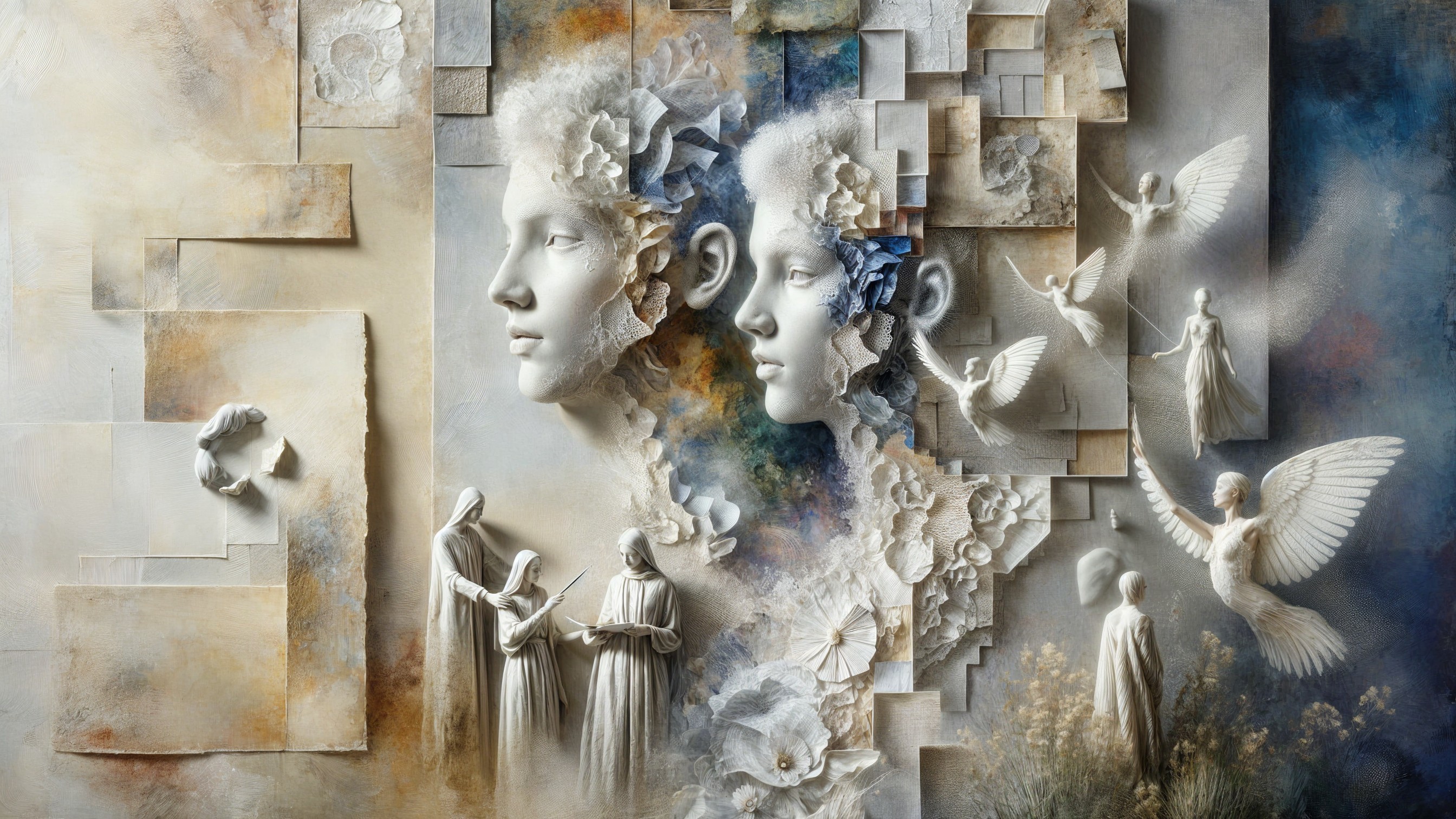 Surreal Artwork of Intertwined Faces and Floral Elements