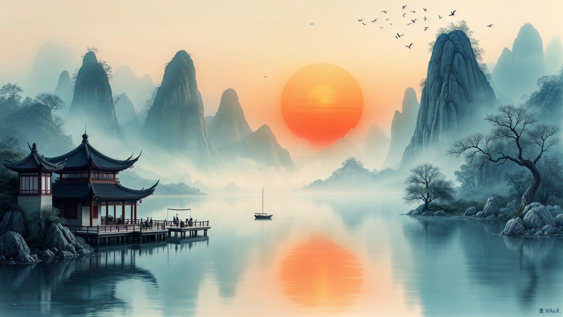Serene landscape with mountains, pagoda, and sunrise