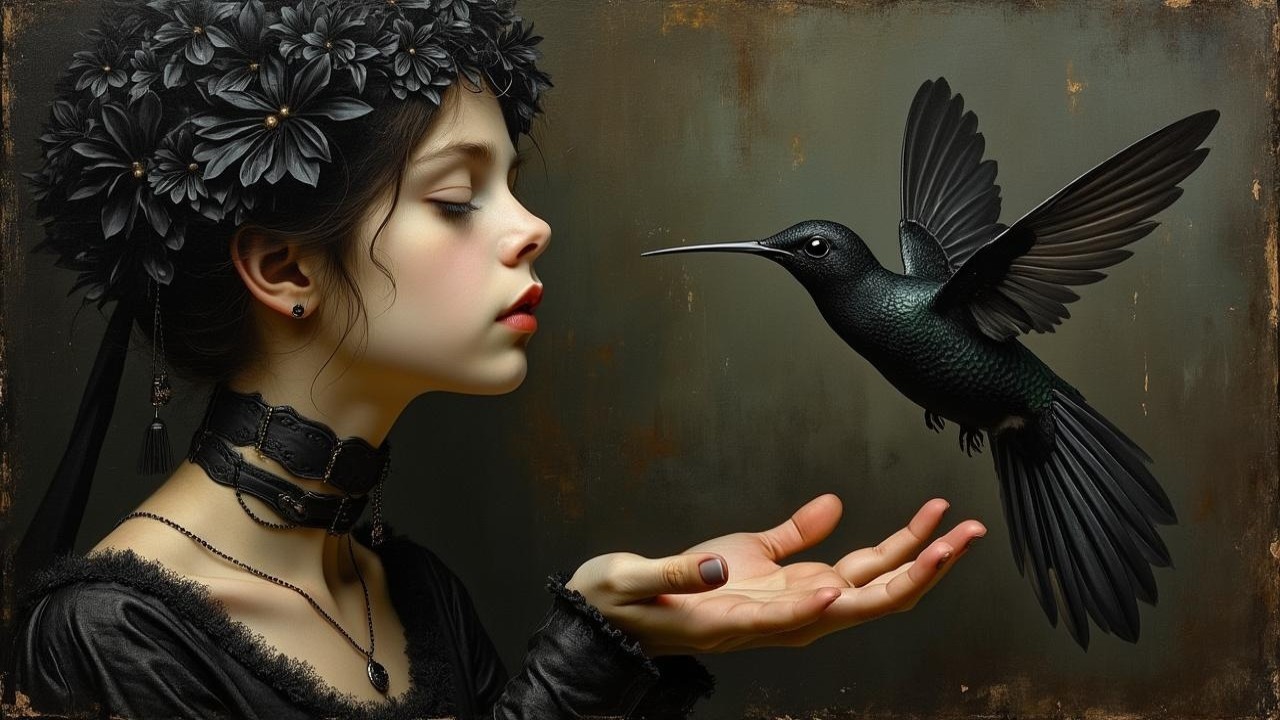 Vintage Style Woman Interacting with Hummingbird
