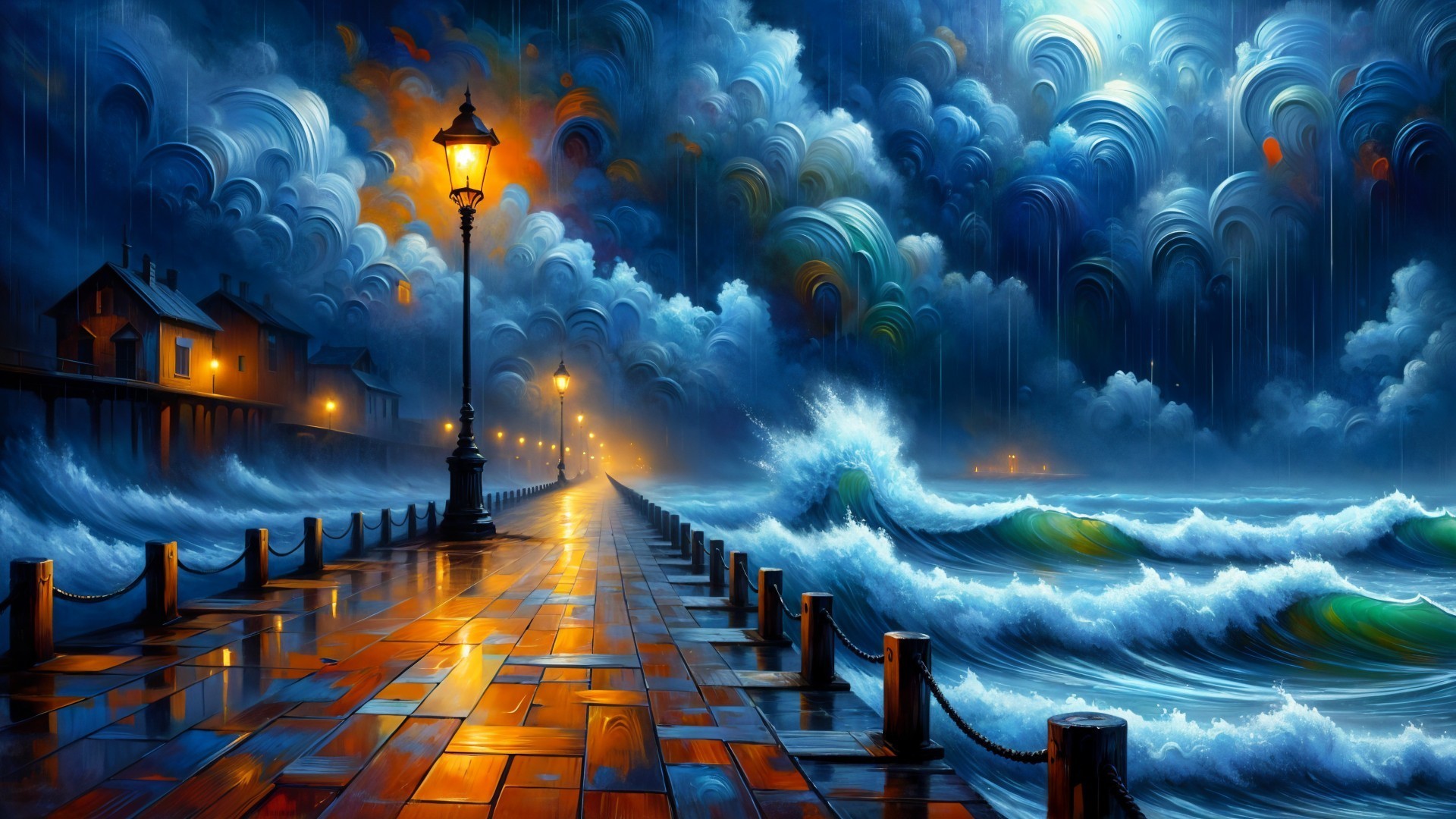 Stormy Seascape with Pier and Illuminated Cobblestones