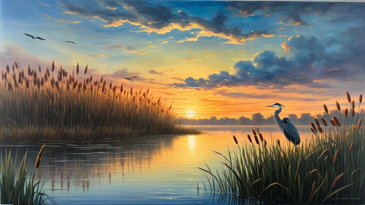 Tranquil Sunset Landscape with Water and Reeds