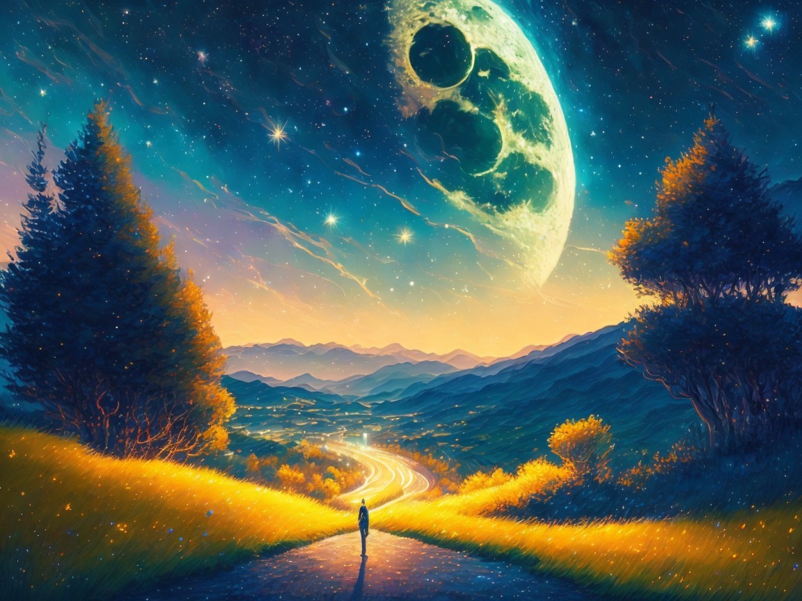 Serene Landscape with Winding Road and Glowing Moon