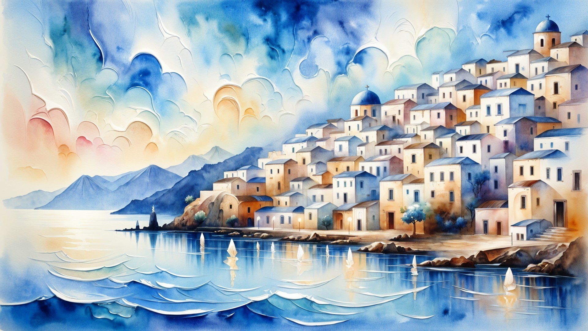Vibrant Watercolor of a Coastal Village at Sunset