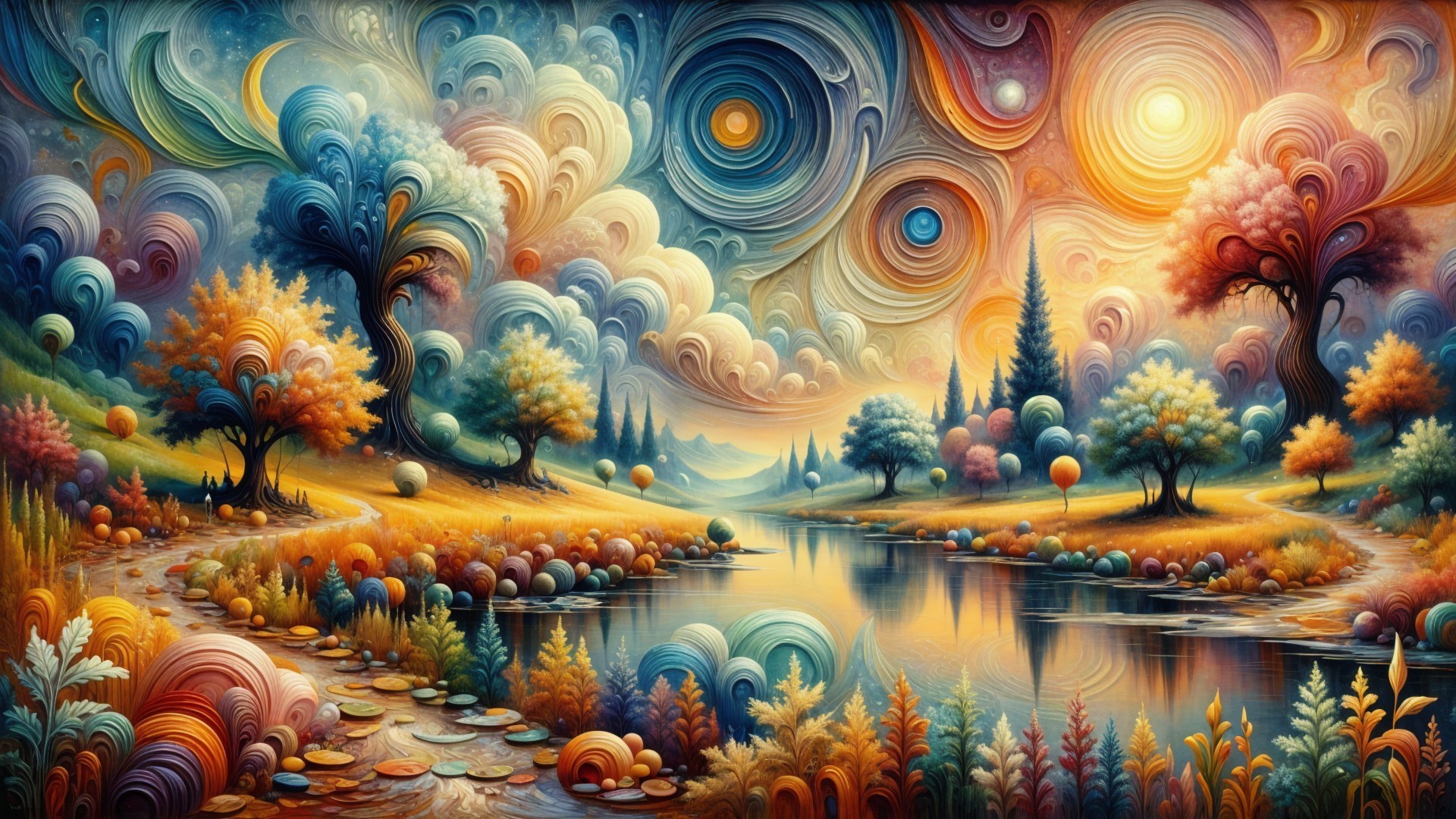 Surreal Landscape with Colorful Autumn Foliage and Water