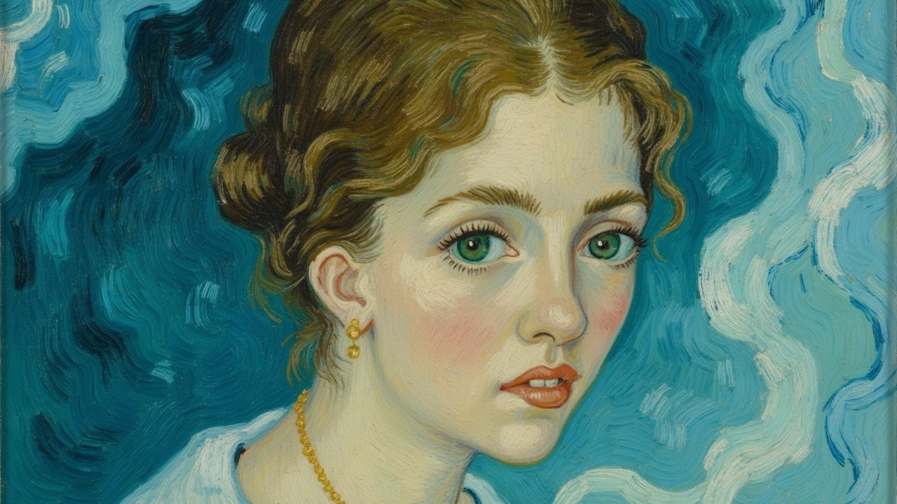 Young Woman with Brown Hair and Green Eyes in Blue背景