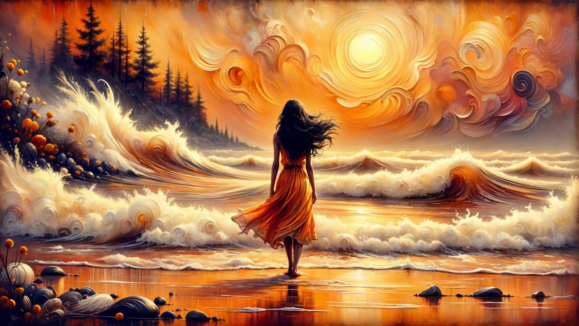 Woman in Orange Dress by Vibrant Sunset Waves