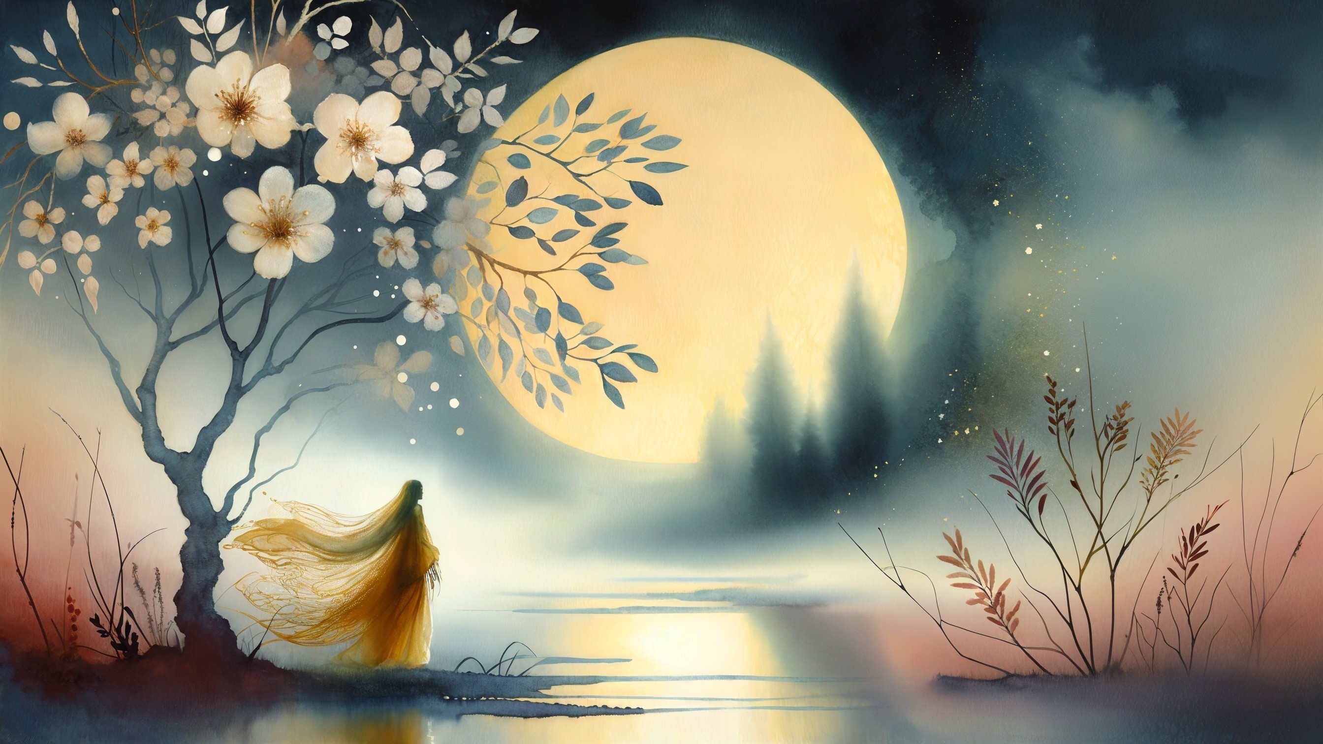 Moonlit Lake Scene with Figure in Yellow Dress