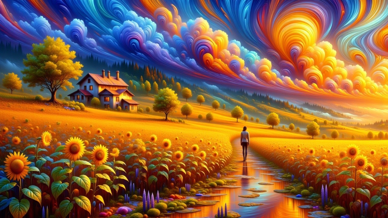 Vibrant landscape with house and sunflowers at sunset