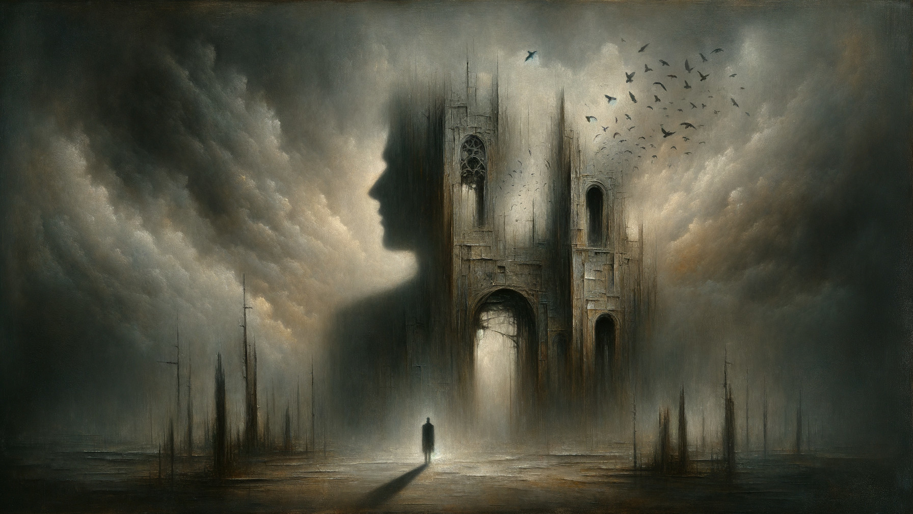 Mysterious Landscape with Gothic Cathedral and Figure