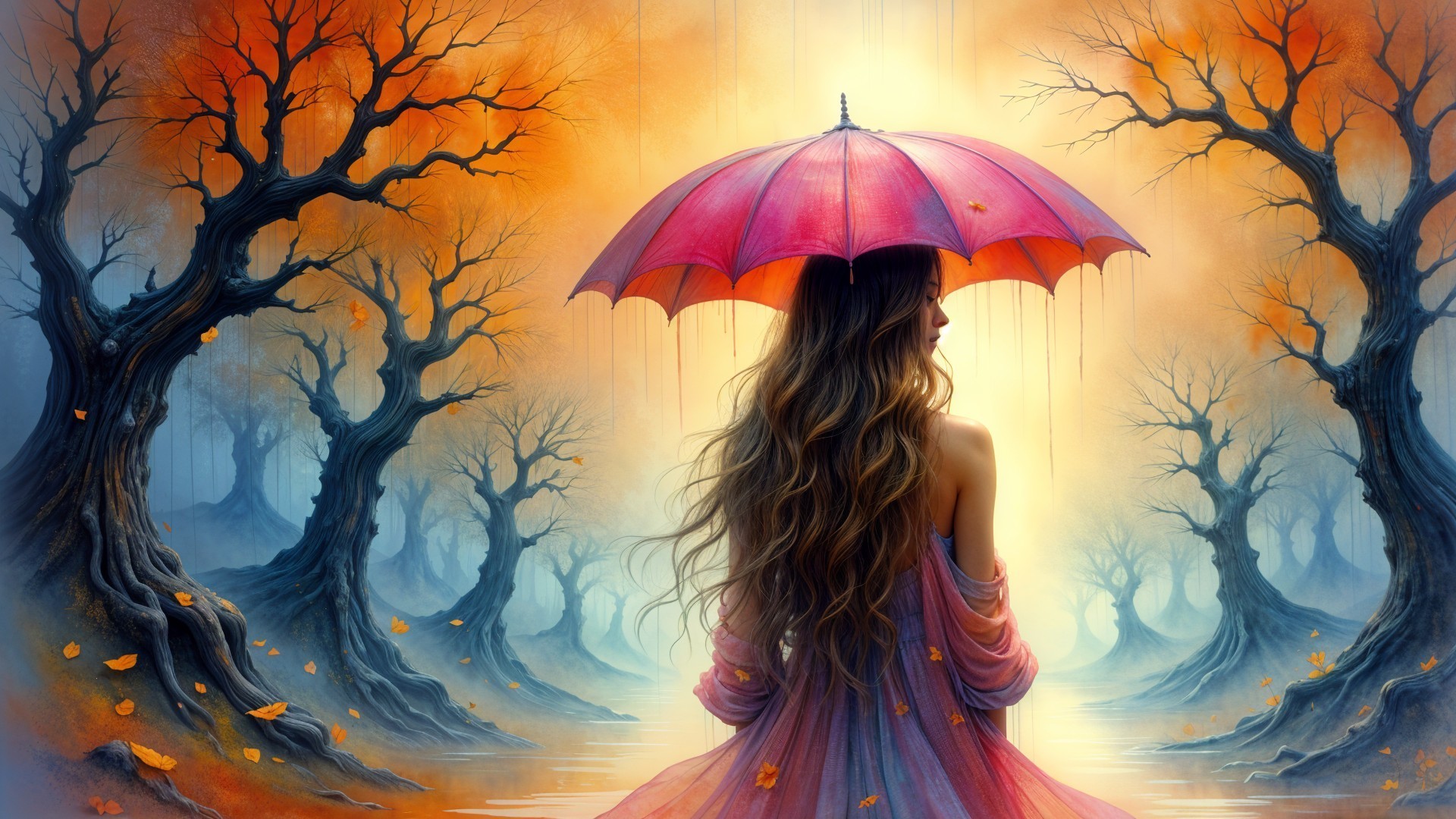 Woman with Umbrella in Mystical Landscape Scene