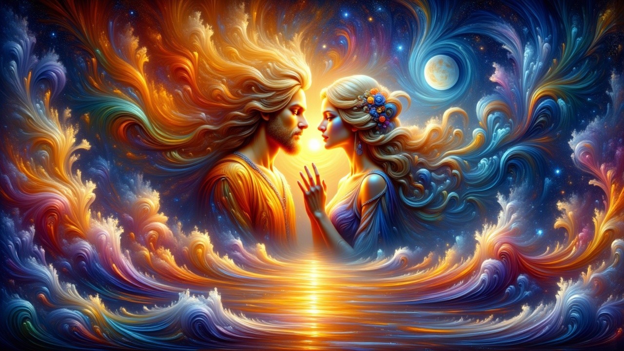 Ethereal Figures in Cosmic Sunset Scene