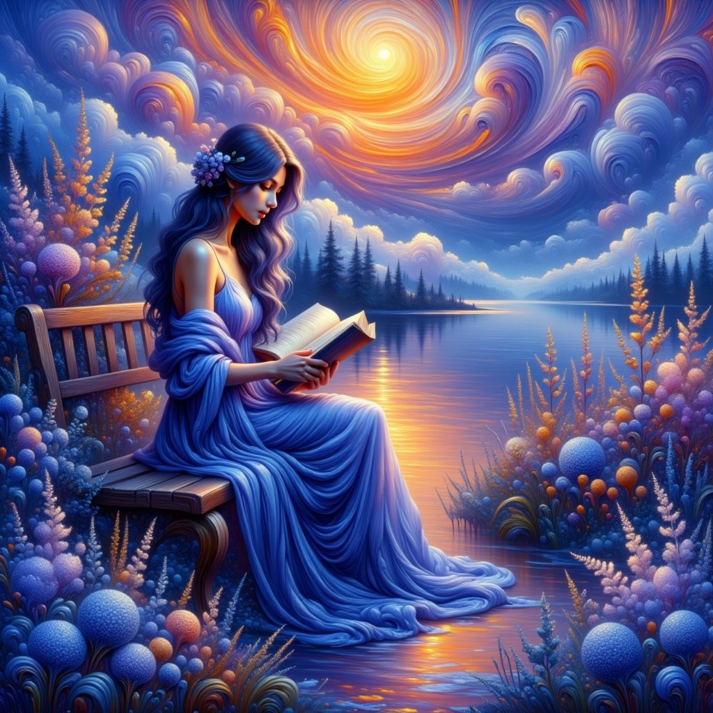 Young woman in blue gown by tranquil lake with clouds