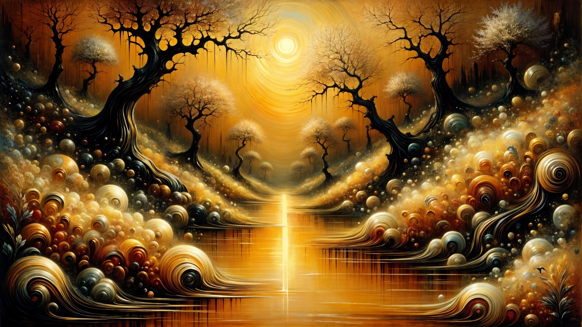 Dreamy Landscape with Golden Hues and Twisted Trees