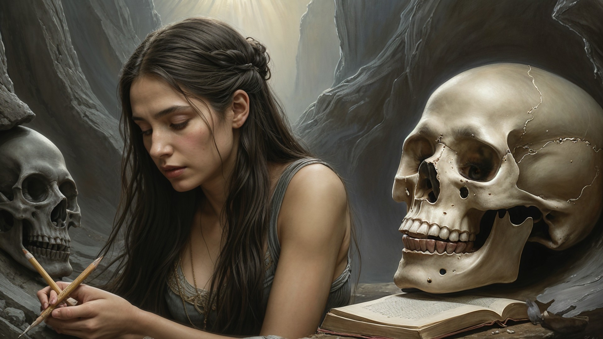 Young Woman Sketching in Dimly Lit Cave Setting