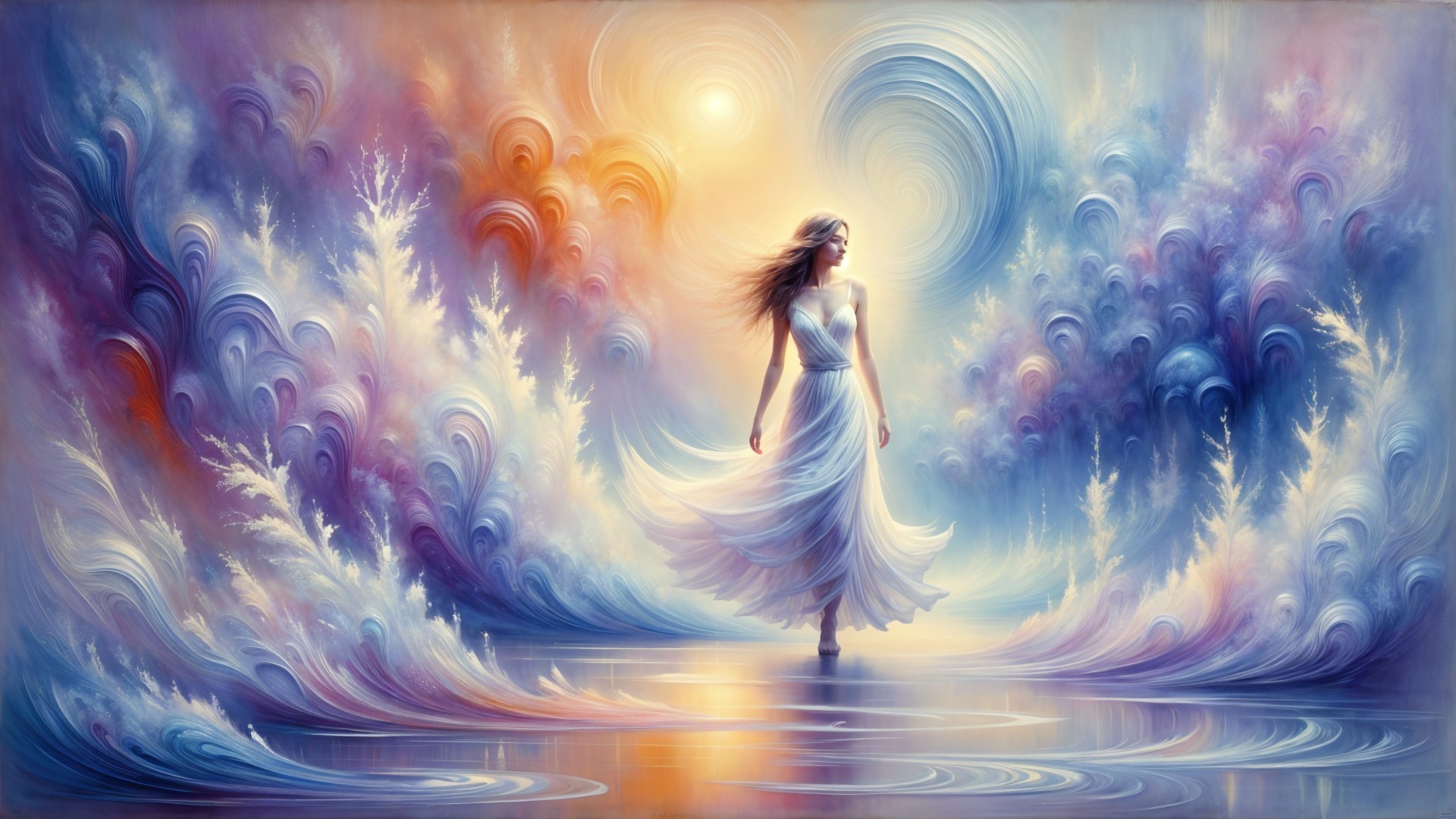 Serene Figure in White Dress Amidst Colorful Landscape