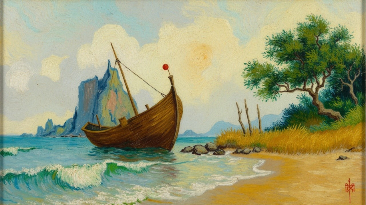 Coastal Scene with Boat, Beach, and Cliffs