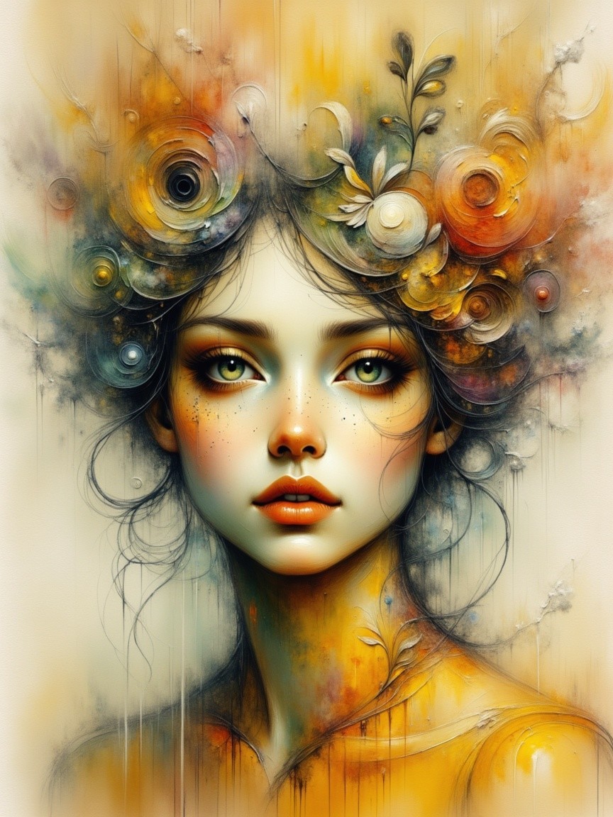 Portrait of a Young Woman with Green Eyes and Flowers