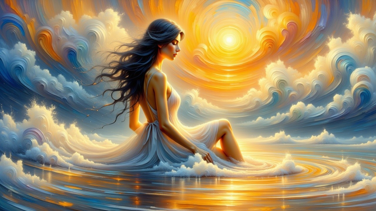 Serene figure in calm sea with vibrant clouds and sun