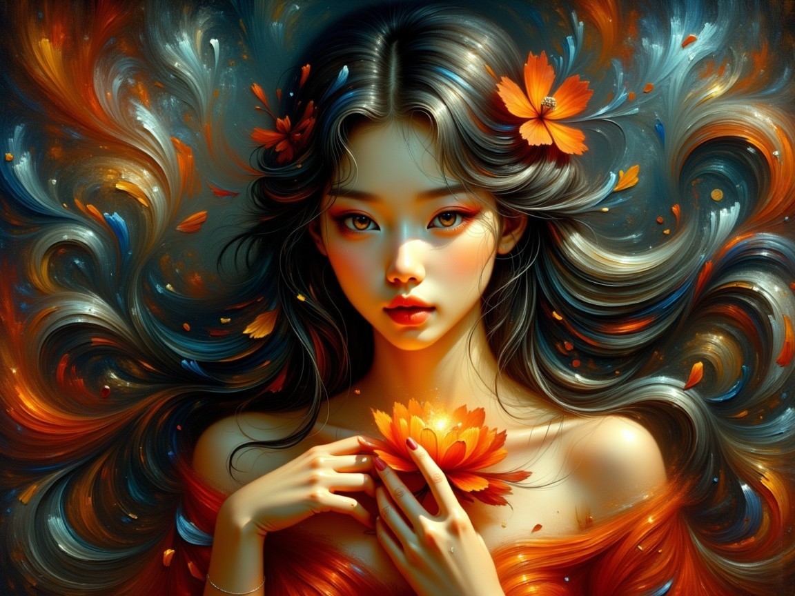 Portrait of a young woman with vibrant blue and orange hair