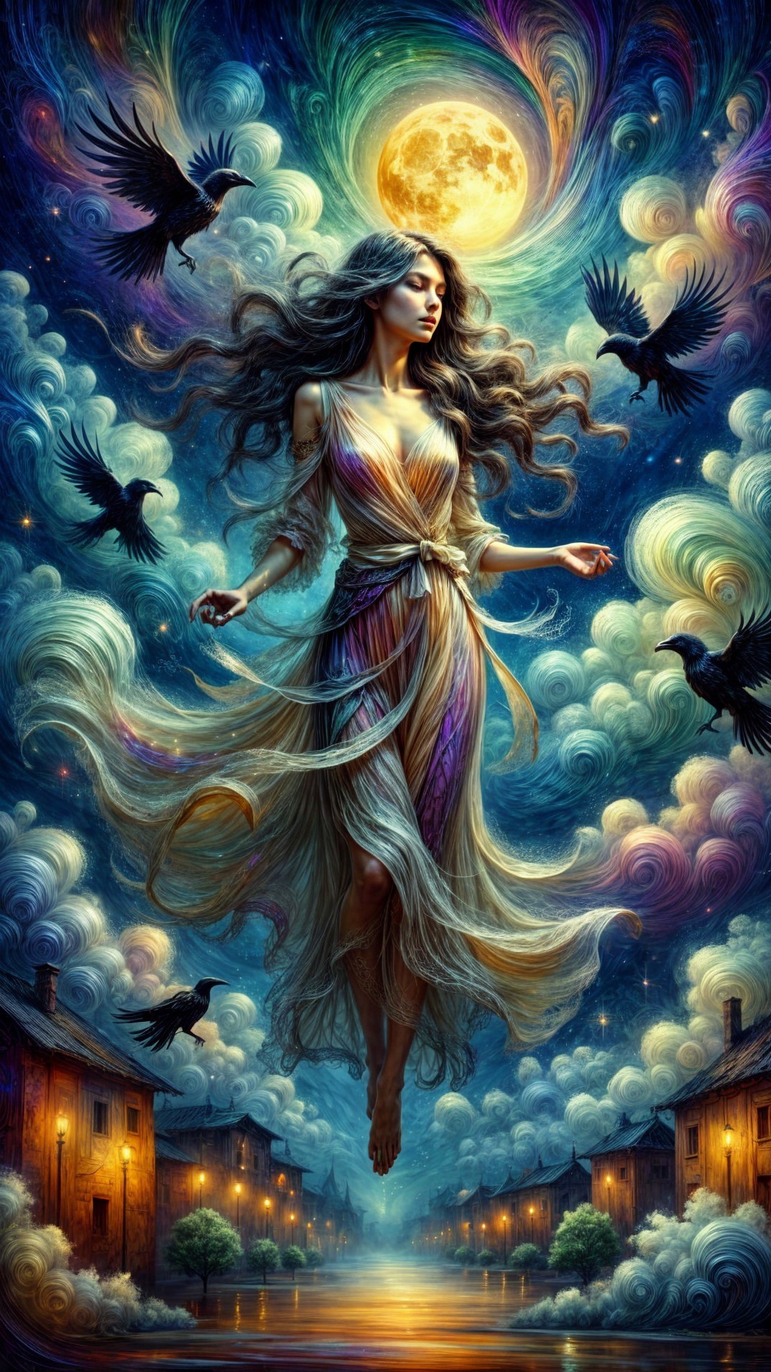 Mystical Woman Surrounded by Clouds and Night Sky