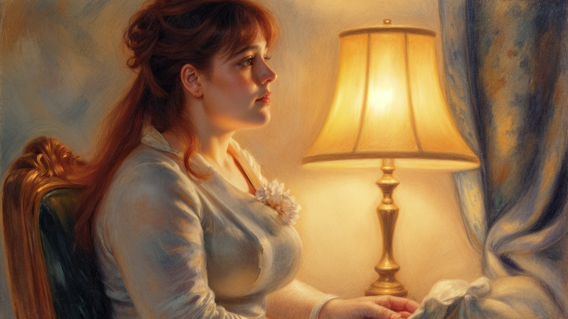 Young woman in contemplative pose in softly lit room