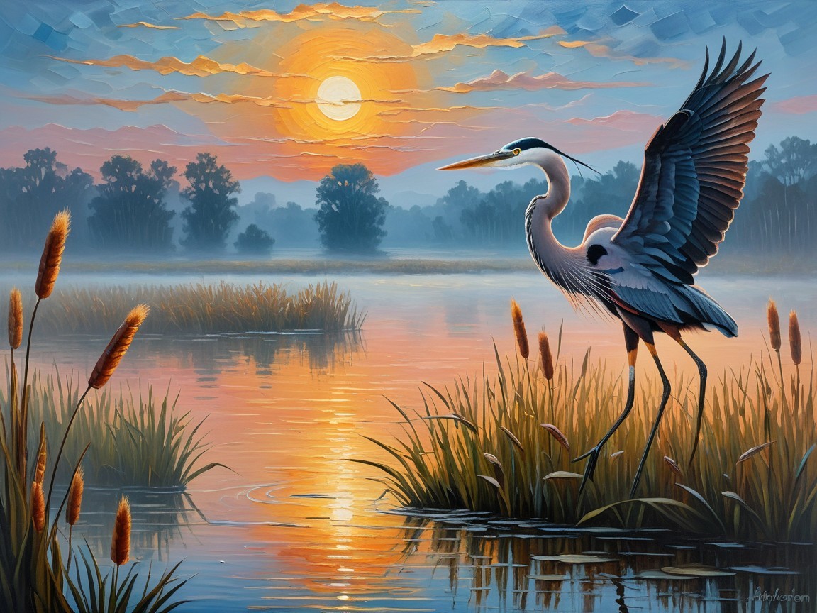 Dawn Landscape with Heron in Tranquil Wetland