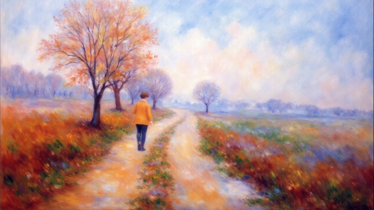 Serene Landscape with Autumn Trees and Solitary Figure
