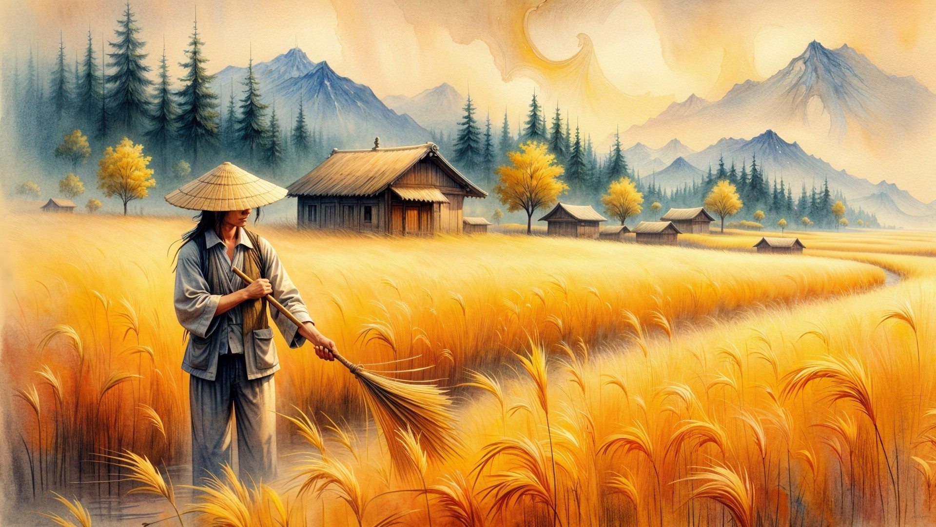 Serene Landscape of Farmer Harvesting Wheat in Autumn