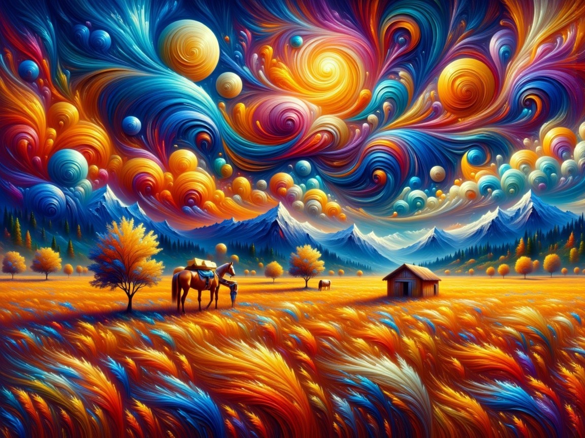 Vibrant Landscape with Cosmic Skies and Horses