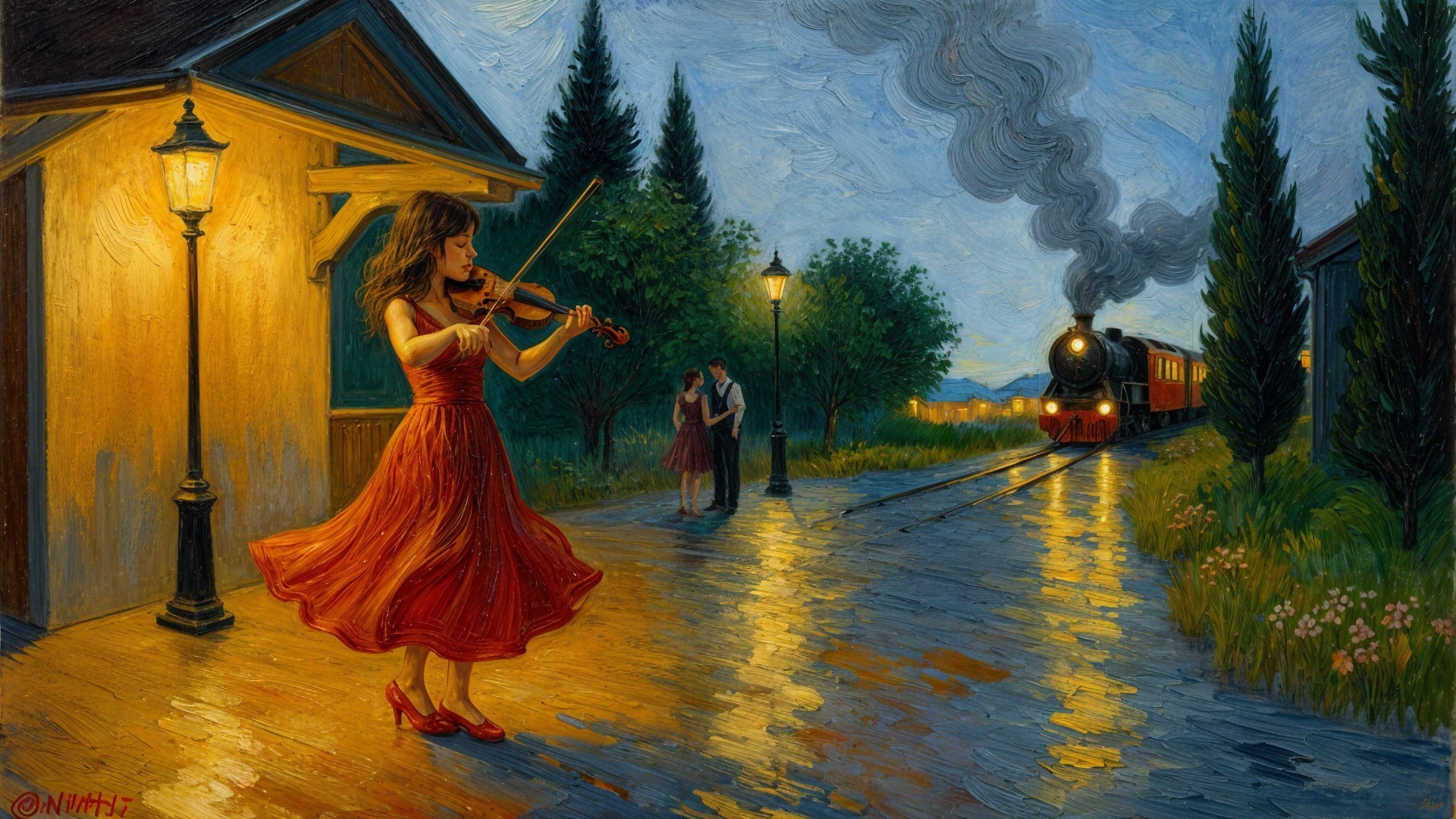 Young Woman in Red Dress Playing Violin at Train Platform